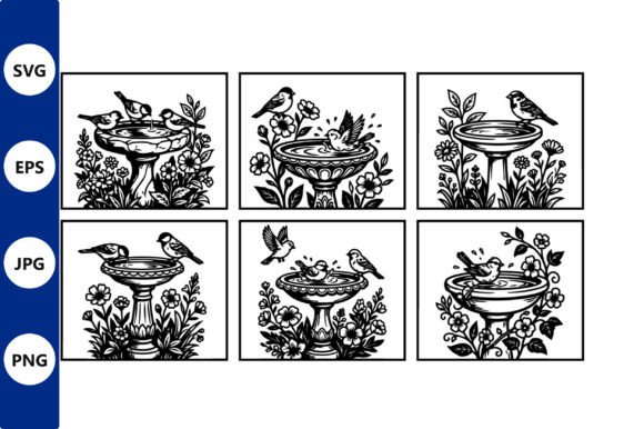 Birdbath Garden Panels Line Art Graphics & Illustrations