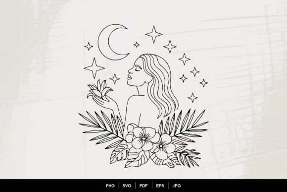 Celestial Woman Floral Line Art Graphics & Illustrations