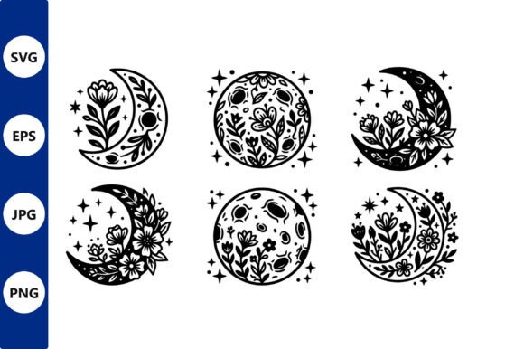 Floral Moon Line Art Set: Graphics & Illustrations
