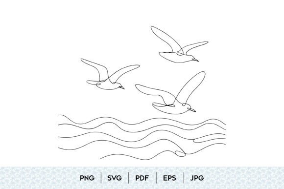 Flying Seagulls Ocean Line Art SVG: Graphics & Illustrations