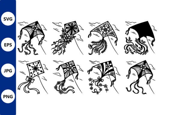 Kite Line Art with Floral Tails Graphics