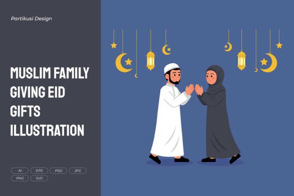 Muslim Family Giving Eid Gifts Graphics & Illustrations