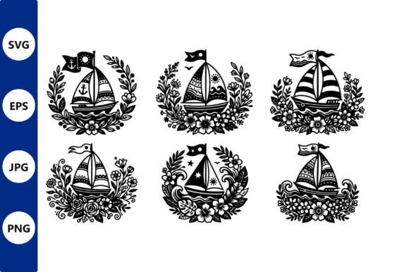 Ornate Sailboat Silhouettes with Floral Graphics