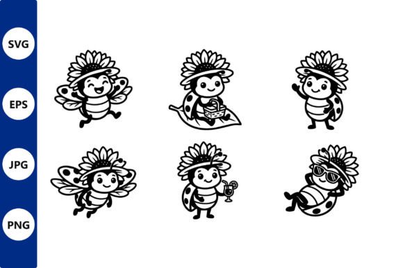 Playful Sunflower Bee Line Art Graphics & Illustrations