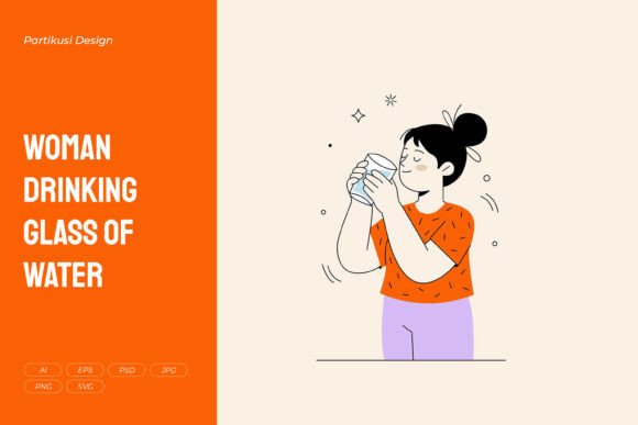Woman Drinking Glass of Water Graphics and Illustrations